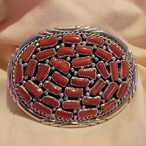 Native American Sterling Silver Navajo Coral Belt Buckle - Signed "A"